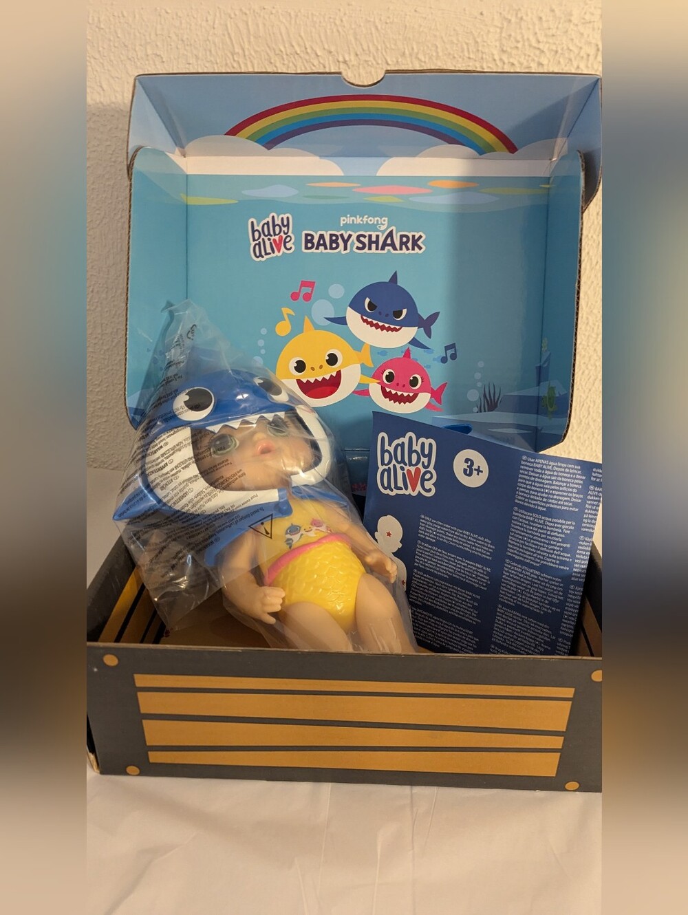 Baby Alive Baby Shark Brown Hair Doll with Tail Hood Water play Toy Blue New